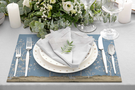 Çiçek Tasarımlı Mavi Kumaş Amerikan Servis 4'lü Set | Pufaloji