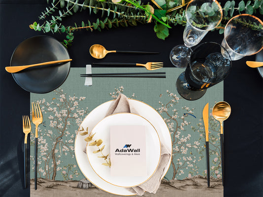 Yeşil Kuşlu Bahçe Kumaş Amerikan Servis 4'lü Set | Pufaloji