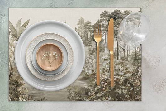 Ağaç Manzaralı Kumaş Amerikan Servis 4'lü Set | Pufaloji