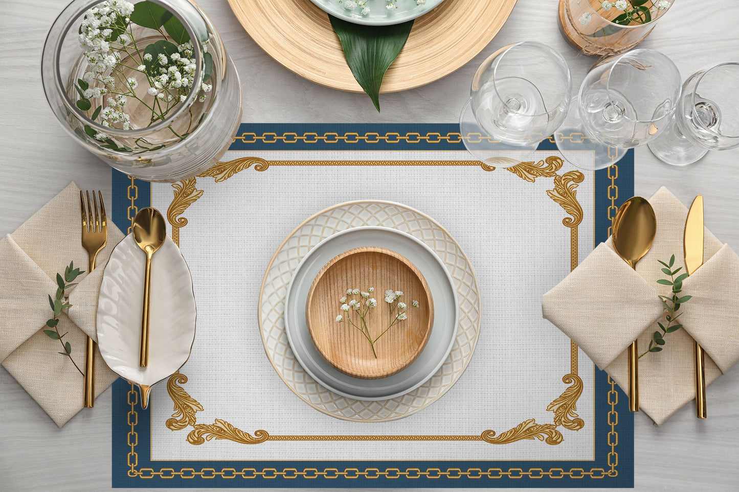 Mavi Barok Desen Kumaş Amerikan Servis AS111