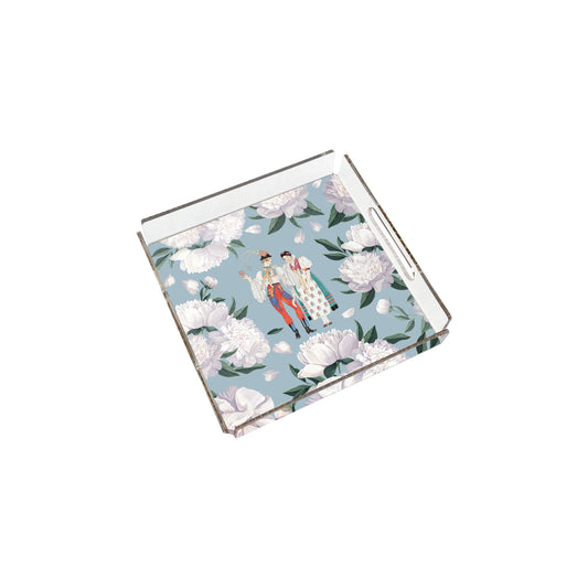 Blue White Rose Pleksi Tepsi | Pufaloji