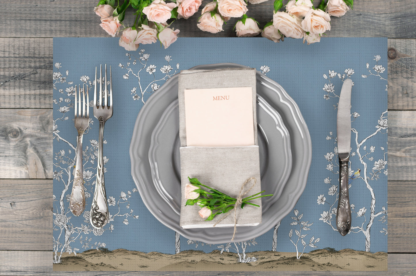 Çiçek Tasarımlı Mavi Kumaş Amerikan Servis AS131