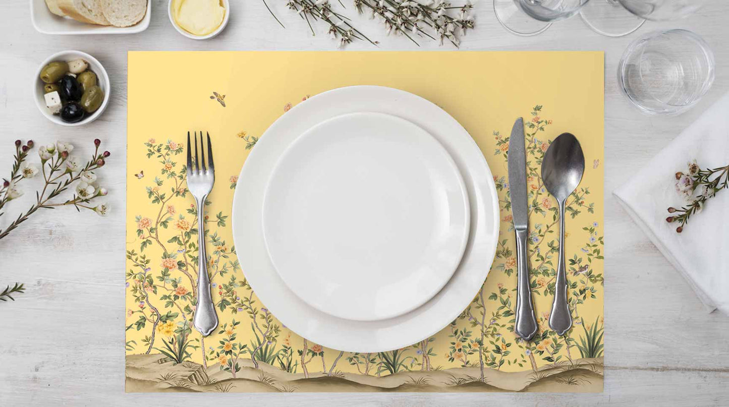 Sarı Çiçek Tasarımlı Kumaş Amerikan Servis 4'lü Set | Pufaloji