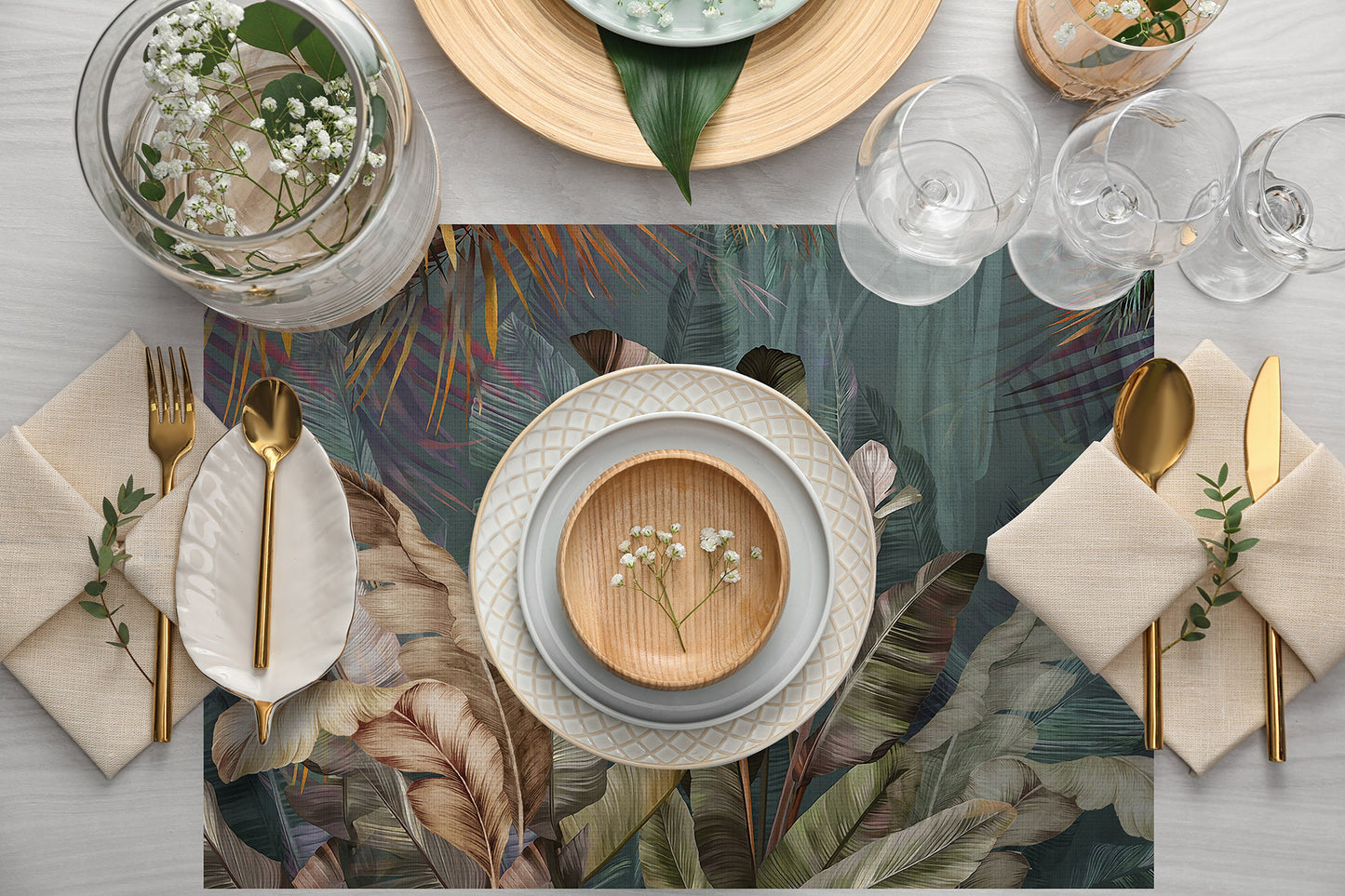 Tropikal Yaprak Tasarımlı Kumaş Amerikan Servis 4'lü Set | Pufaloji