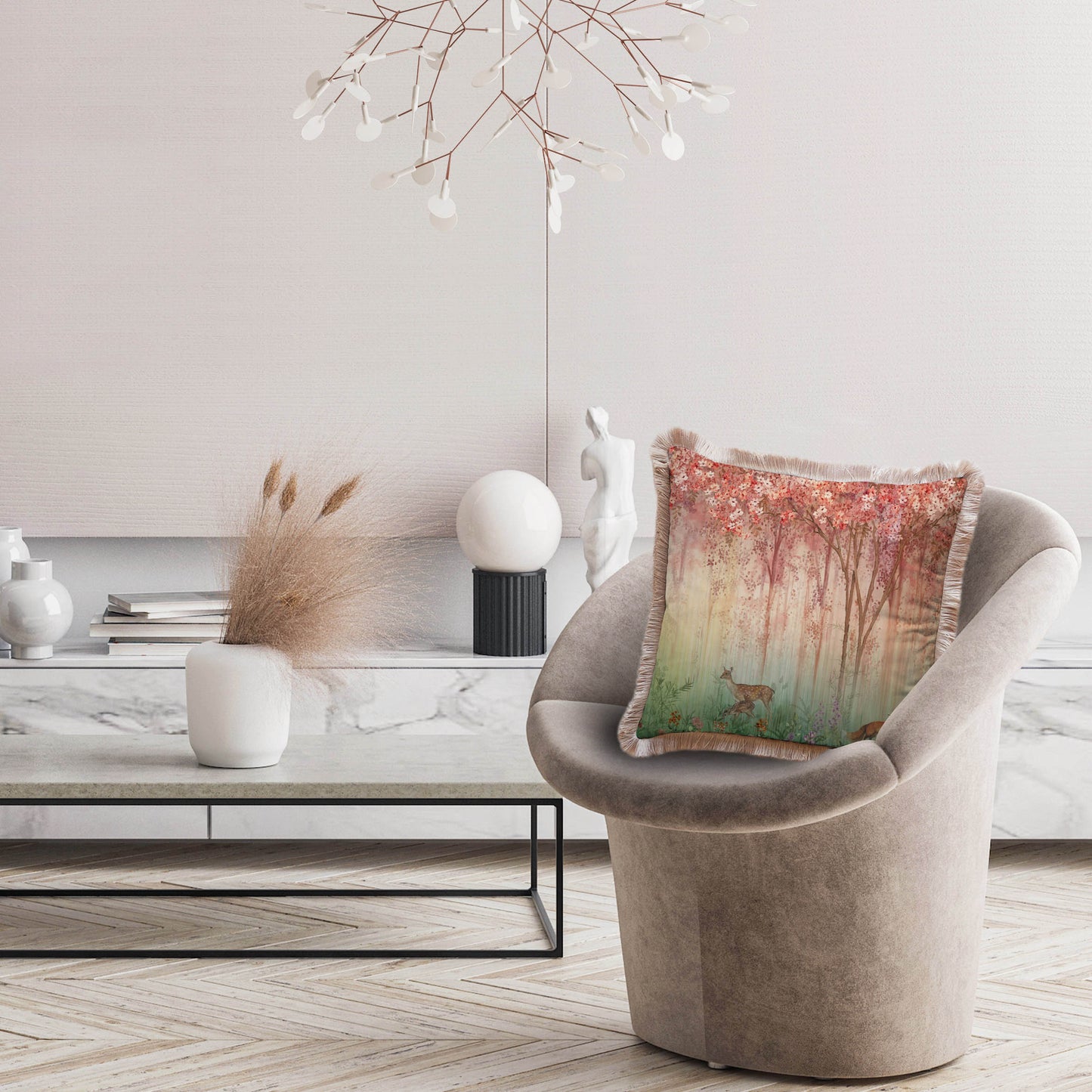 Red Mini Flowers And Gazels Yastık - KIRLENT K3011