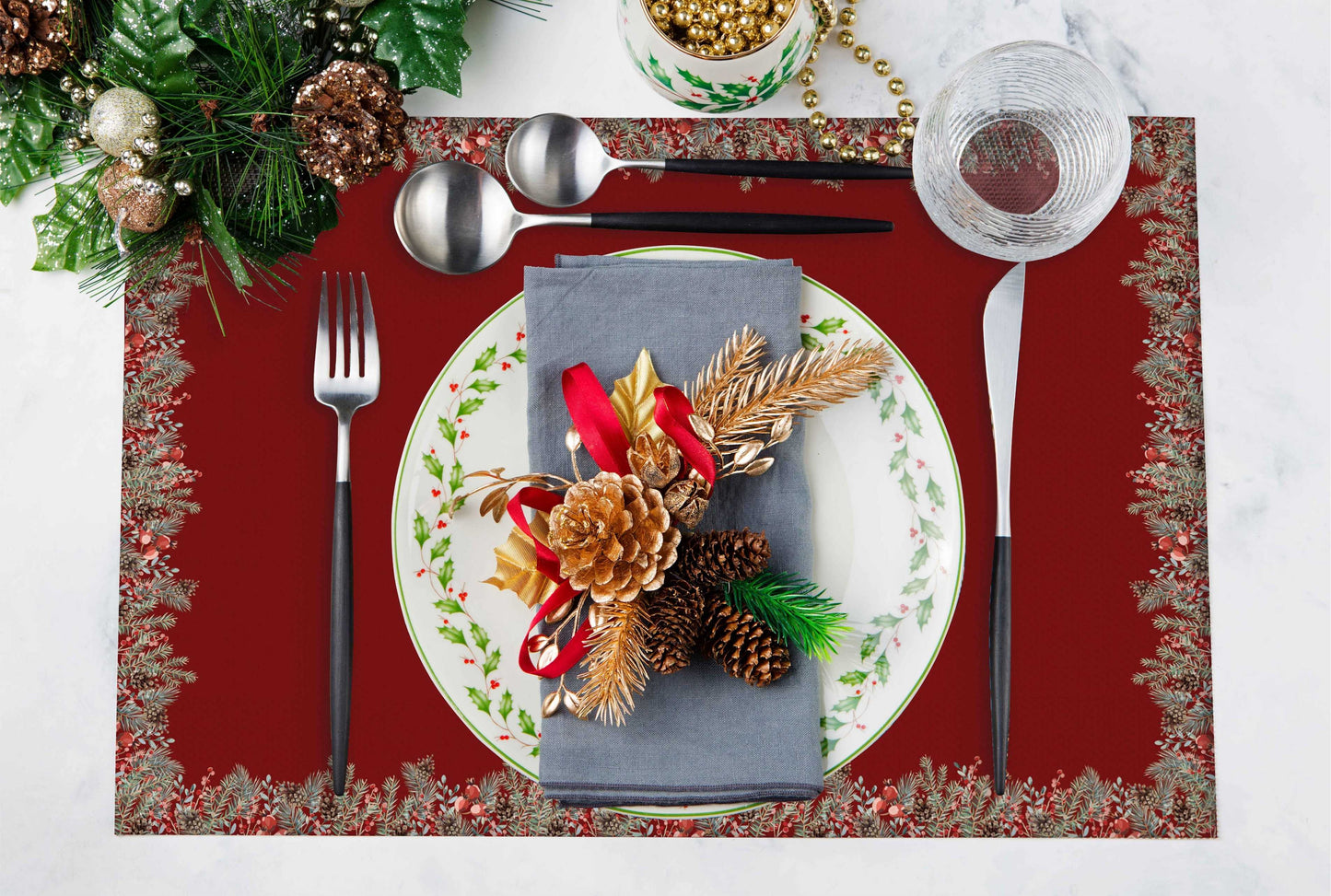 Kırmızı Çan Detaylı Kumaş Amerikan Servis 4'lü Set | Pufaloji