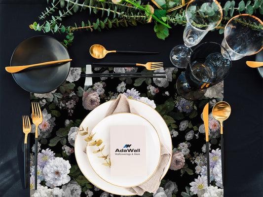 Siyah Çiçek Kumaş Amerikan Servis 4'lü Set | Pufaloji