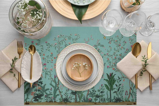 Turkuaz Renkli Çiçek Tasarımlı Kumaş Amerikan Servis 4'lü Set | Pufaloji