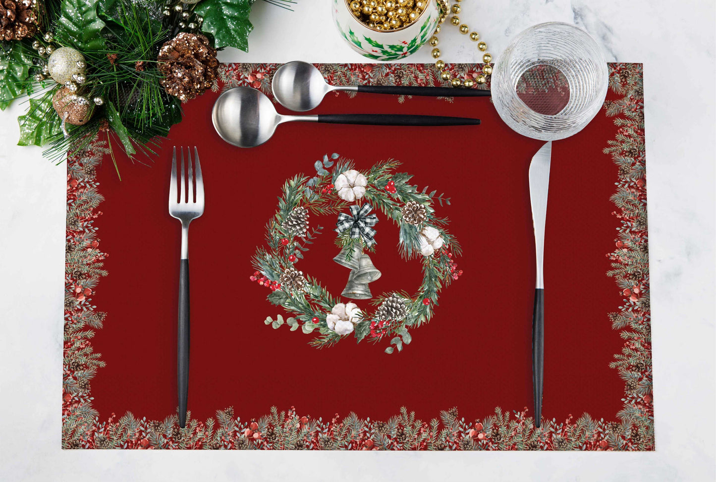 Kırmızı Çan Detaylı Kumaş Amerikan Servis 4'lü Set | Pufaloji