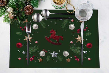 Yeşil Mini Sallanan At Detaylı Kumaş Amerikan Servis 4'lü Set | Pufaloji