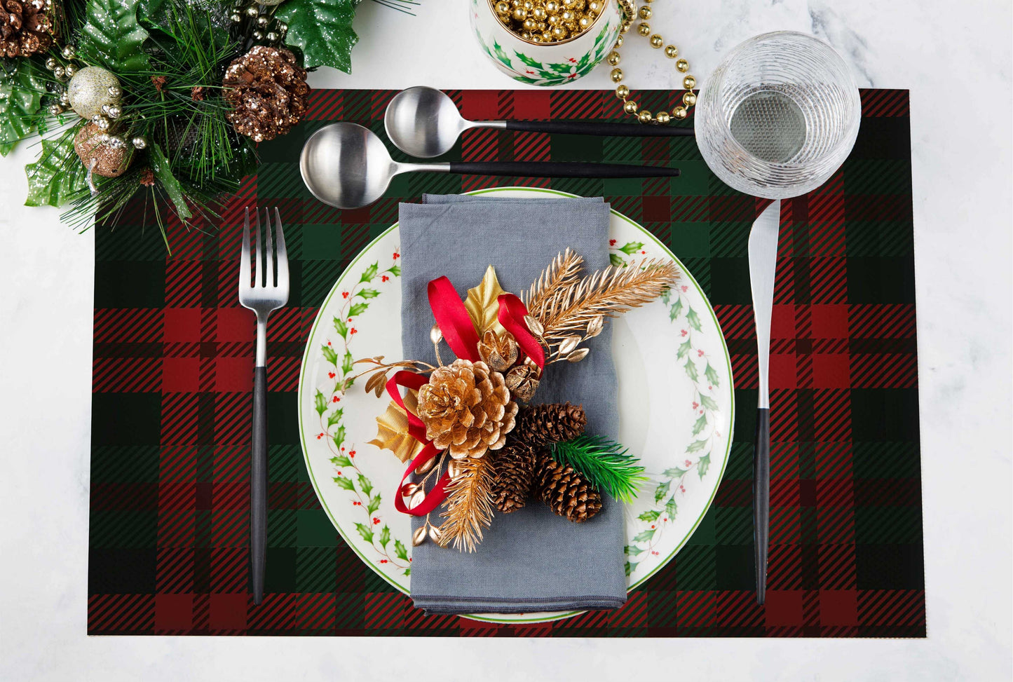 Tartan Geyiği Kumaş Amerikan Servis 4'lü Set | Pufaloji